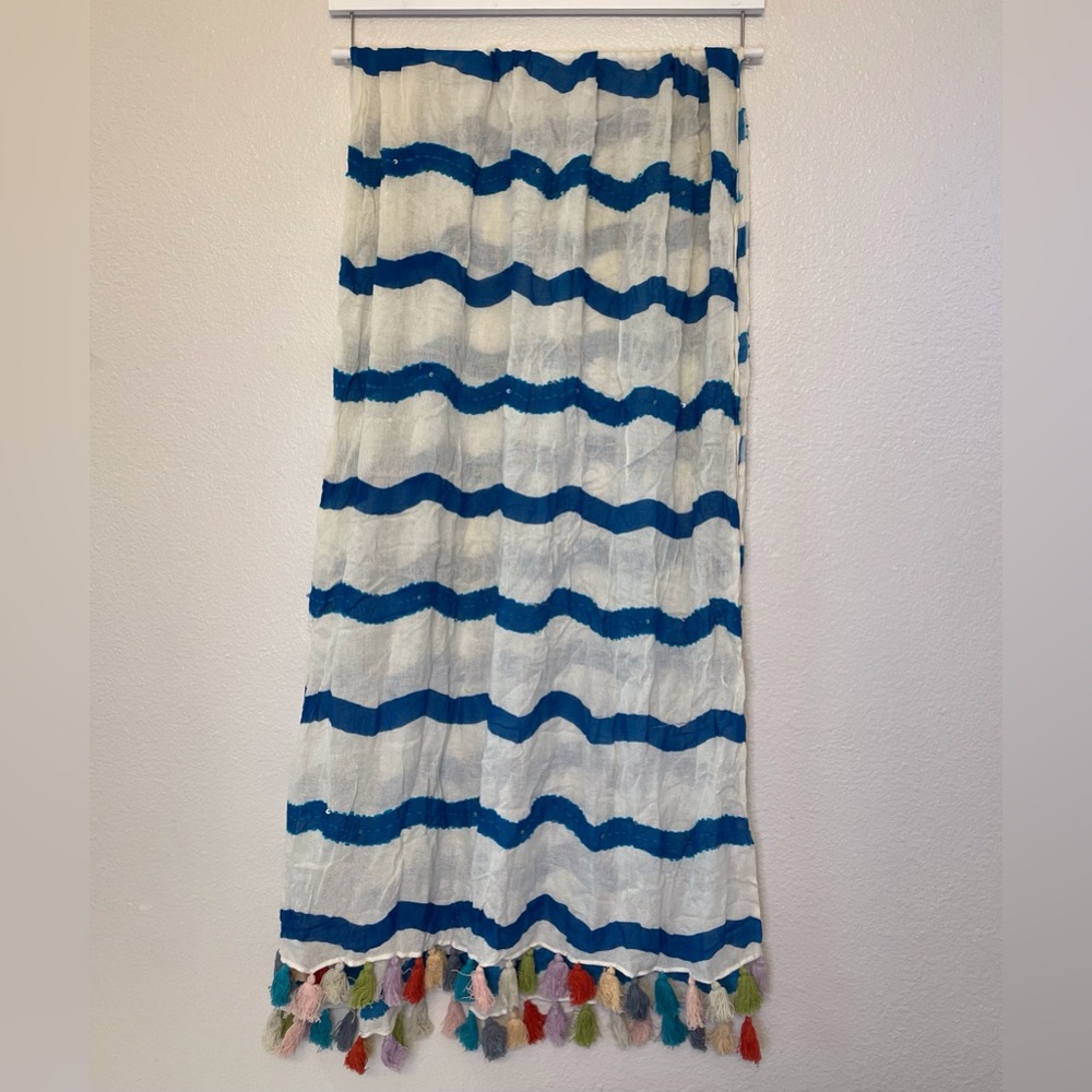 Renee’s NYC Accessories Y2K Viscose Blue and White Striped‎ Scarf with Tassels